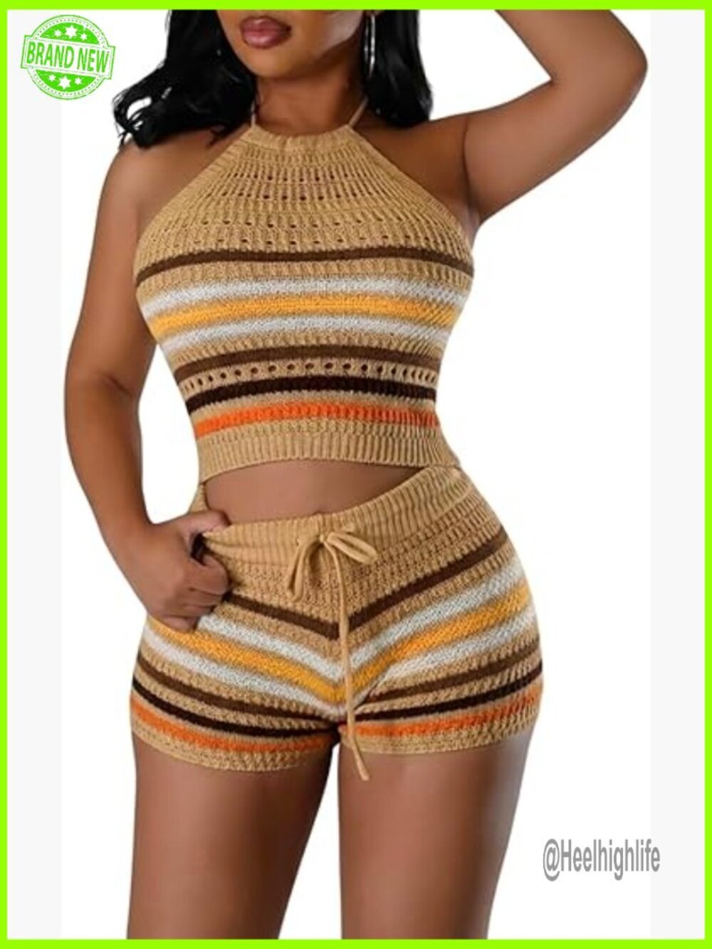 Summer Crochet Knit Two Piece Set Halter Backless Crop Top High Waist Shorts